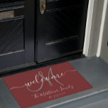 Elegant Burgundy Grey Monogram Script Name Wedding Doormat<br><div class="desc">Personalised burgundy and grey monogram design with bride and groom last name and wedding date on a solid colour background. Makes a unique and great gift for newlyweds. Great for new house together. Customise with your name, monogram initial and wedding date and colours to match your house colours. Elke Clarke©...</div>