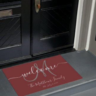 Elegant Burgundy Grey Monogram Script Name Wedding Doormat
