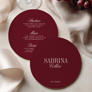 Elegant Burgundy Guest Name Wedding Menu Crad