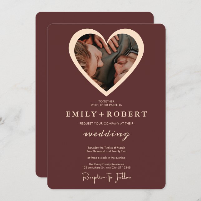 Elegant Burgundy Heart Photo Typography Wedding Invitation (Front/Back)