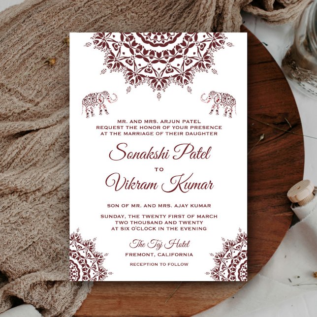 Elegant Burgundy Henna Indian Wedding Invitation (Creator Uploaded)