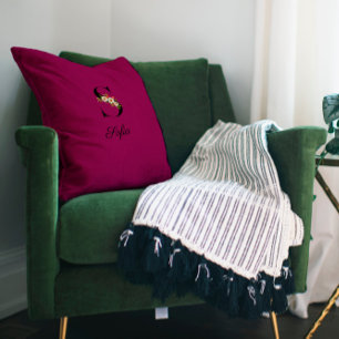 Elegant burgundy hibiscus monogram Throw Pillow