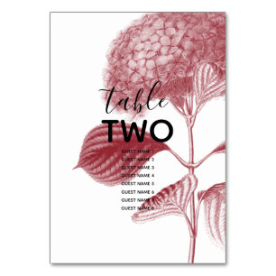 Elegant Burgundy Hydrangea Wedding Guest Names Table Number