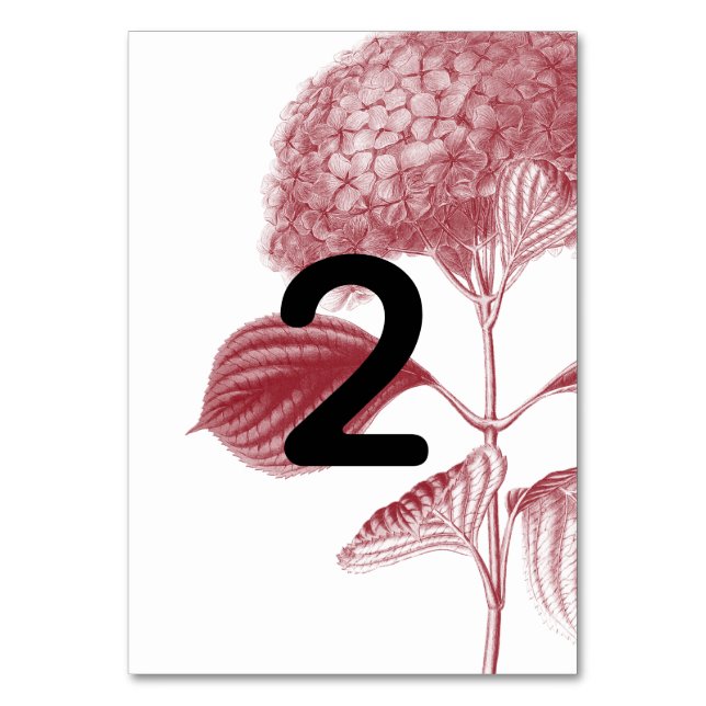 Elegant Burgundy Hydrangea Wedding Table Number (Front)