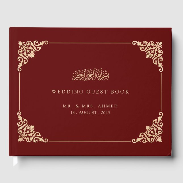 Elegant Burgundy Islamic Muslim Wedding Guest Book (Front)
