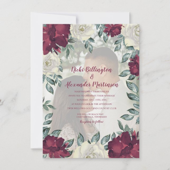 Elegant Burgundy Ivory Cream Floral Wedding Photo Invitation (Front)