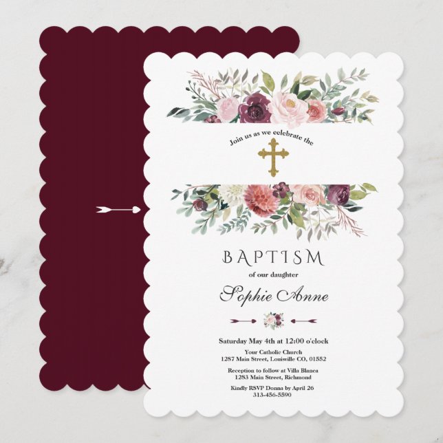 Elegant Burgundy Ivory Floral Frame Gold Baptism Invitation (Front/Back)