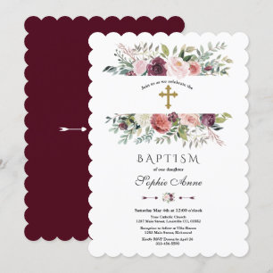 Elegant Burgundy Ivory Floral Frame Gold Baptism Invitation