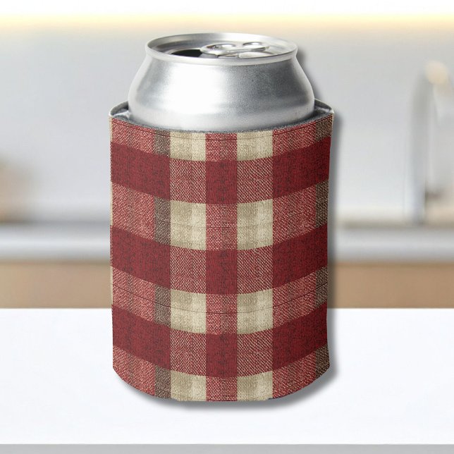 Elegant Burgundy Ivory Rust Red Plaid Pattern Can Cooler (Creator Uploaded)