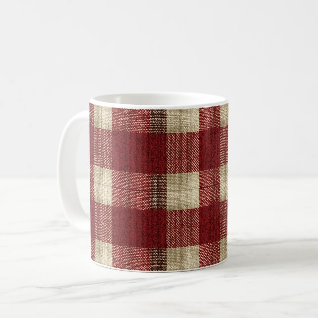 Elegant Burgundy Ivory Rust Red Plaid Pattern Coffee Mug (Front Left)