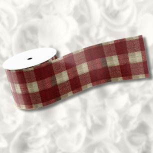 Elegant Burgundy Ivory Rust Red Plaid Pattern Grosgrain Ribbon