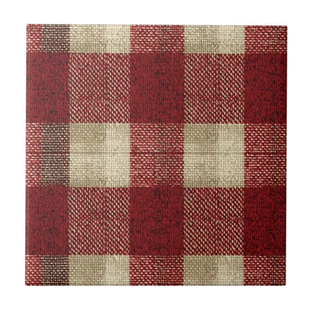 Elegant Burgundy Ivory Rust Red Plaid Pattern Tile (Front)