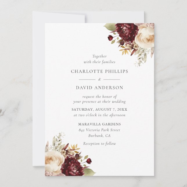 Elegant Burgundy Ivory Rustic Floral Wedding Invitation (Front)