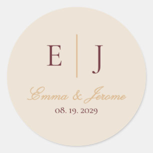 Elegant Burgundy Ivory Vineyard Wedding Monogram Classic Round Sticker