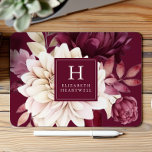 Elegant Burgundy Ivory Watercolor Floral Monogram Mouse Mat<br><div class="desc">This design features a watercolor floral bouquet in shades of burgundy and ivory on a deep burgundy background. Customise it with your monogram initial and name in ivory serif font framed by a burgundy square.</div>