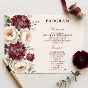 Elegant Burgundy Ivory Watercolor Floral Wedding Programme