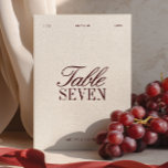 Elegant Burgundy & Ivory Wedding Table Number<br><div class="desc">Designed with a deep burgundy background paired with refined serif and flowing script typography, this sign adds sophistication to your reception décor. Perfect for formal weddings, vineyard celebrations, evening receptions, or autumn and winter events, it creates a cohesive look when paired with matching invitations, menus, place cards, and signage. Fully...</div>