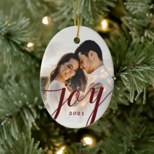 Elegant Burgundy Joy Script Photo Christmas  Ceramic Tree Decoration