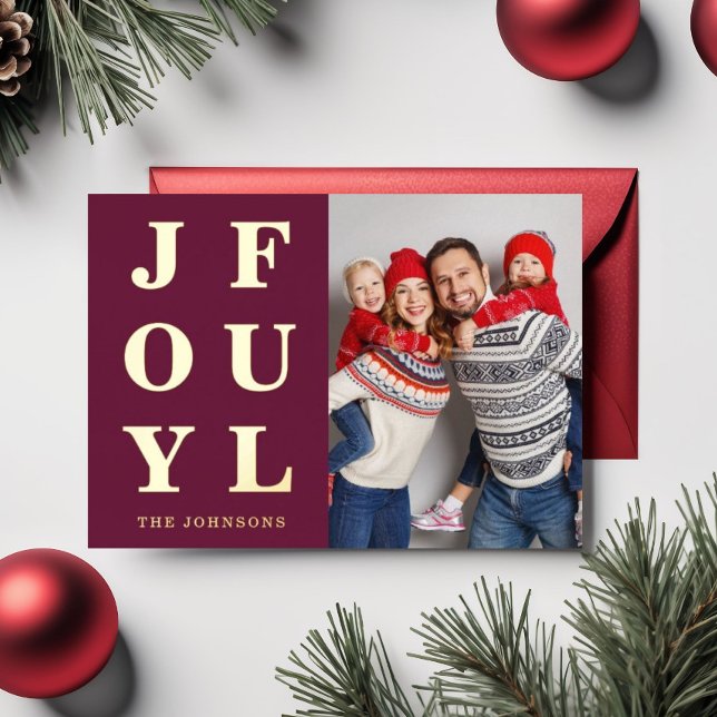 Elegant Burgundy Joyful One Photo Christmas Gold Foil Holiday Card (Elegant Burgundy Joyful One Photo Christmas Gold Foil Holiday Card)