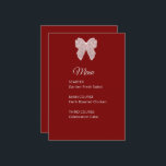 Elegant Burgundy Lace Bow Wedding Menu Card<br><div class="desc">This elegant burgundy wedding menu card features a delicate pink lace bow design at the top to beautifully display your selected courses for the reception dinner. Guests will appreciate the clear and sophisticated presentation of the starter and main course followed by the celebration cake. The rich red background paired with...</div>