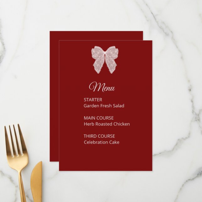 Elegant Burgundy Lace Bow Wedding Menu Card (Front/Back In Situ)