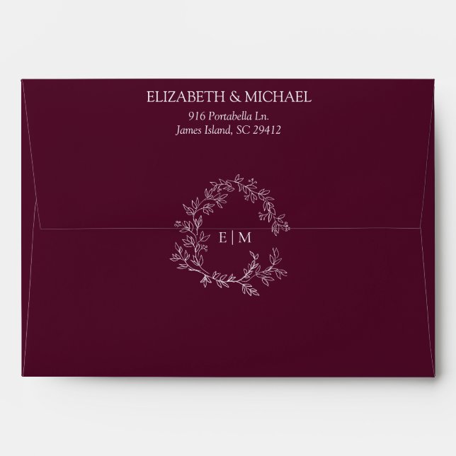 Elegant Burgundy Leafy Crest Monogram Wedding Envelope (Back (Top Flap))
