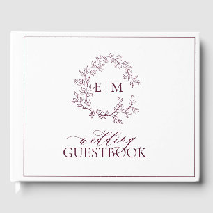 Elegant Burgundy Leafy Crest Monogram Wedding Guest Book