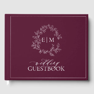 Elegant Burgundy Leafy Crest Monogram Wedding Guest Book