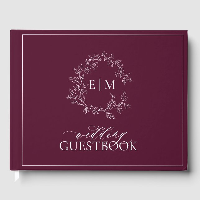 Elegant Burgundy Leafy Crest Monogram Wedding Guest Book (Front)