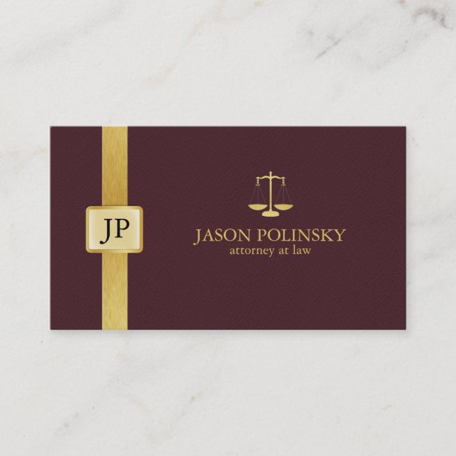 Elegant Burgundy Leather and Gold Attorney At Law Business Card (Front)