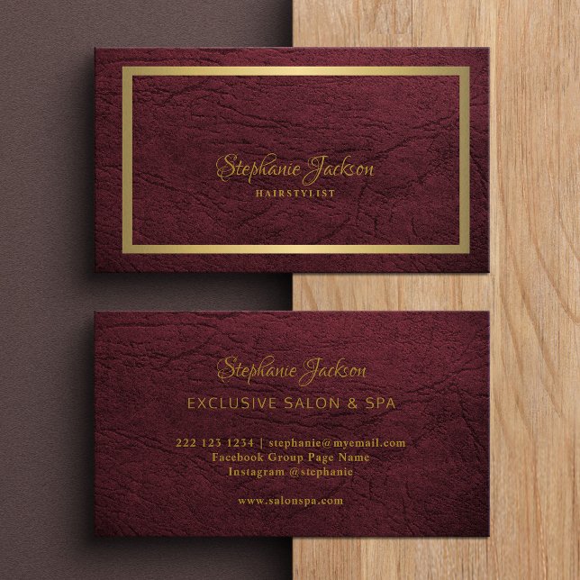 Elegant burgundy leather gold frame professional business card (Creator Uploaded)