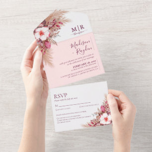 Elegant Burgundy Light Soft Pink Floral Wedding All In One Invitation