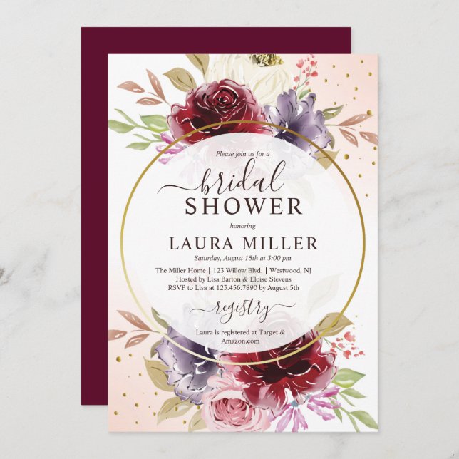 Elegant burgundy lilac pink roses bridal shower invitation (Front/Back)