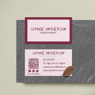 Elegant Burgundy Makeup Artist with QR Code Business Card