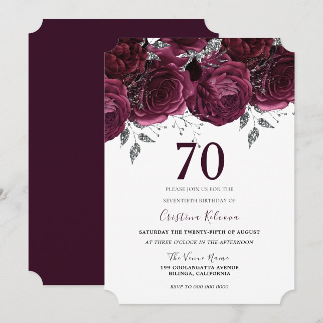 Elegant Burgundy Maroon Floral 70th Birthday Party Invitation (Front/Back)