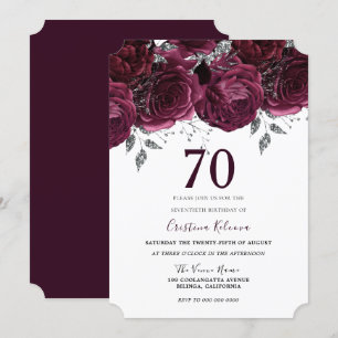 Elegant Burgundy Maroon Floral 70th Birthday Party Invitation