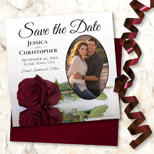 Elegant Burgundy Maroon Rose & Oval Photo Wedding Save The Date