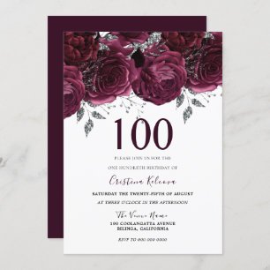 Elegant Burgundy Maroon Roses 100th Birthday Party Invitation