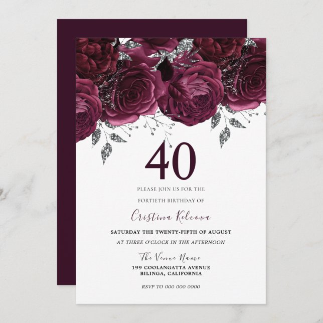 Elegant Burgundy Maroon Roses 40th Birthday Party Invitation (Front/Back)