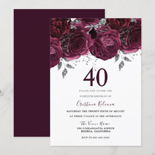 Elegant Burgundy Maroon Roses 40th Birthday Party Invitation