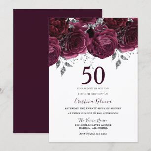 Elegant Burgundy Maroon Roses 50th Birthday Party Invitation