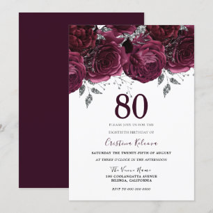 Elegant Burgundy Maroon Roses 80th Birthday Party Invitation