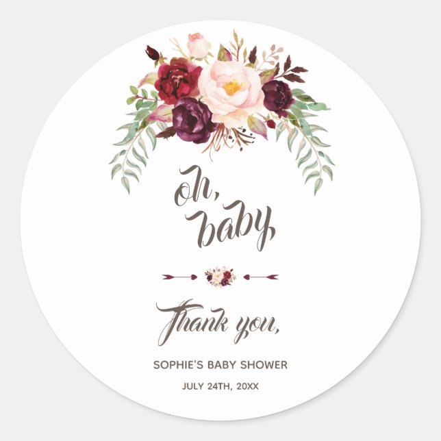 Elegant Burgundy Marsala Floral BABY SHOWER Classic Round Sticker (Front)