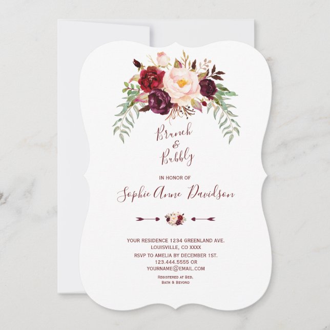 Elegant Burgundy Marsala Floral Brunch & Bubbly Invitation (Front)
