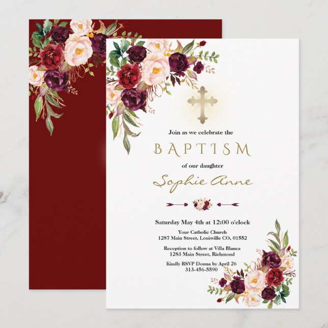 Elegant Burgundy Marsala Floral Cross Baptism Invitation (Front/Back)