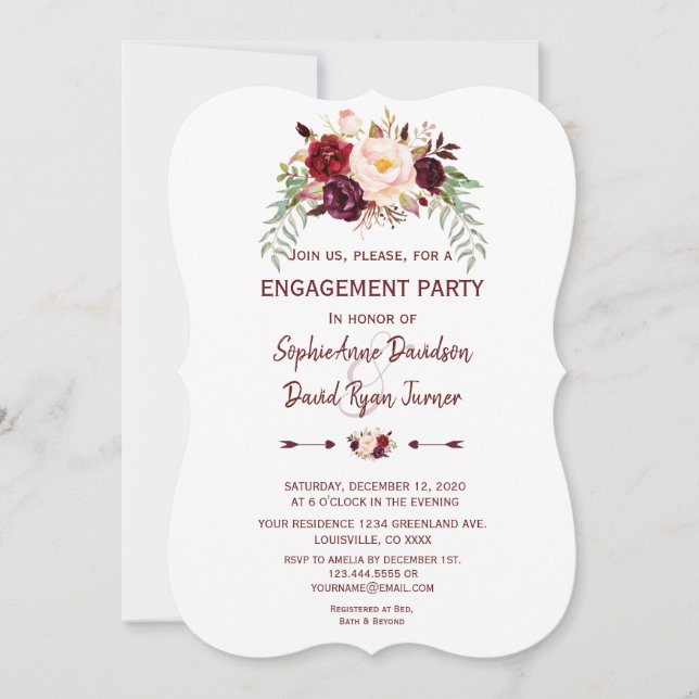 Elegant Burgundy Marsala Floral Engagement Party Invitation (Front)