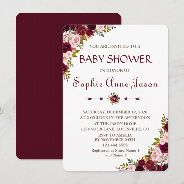 Elegant Burgundy Marsala Floral Fall Baby Shower Invitation (Front/Back)