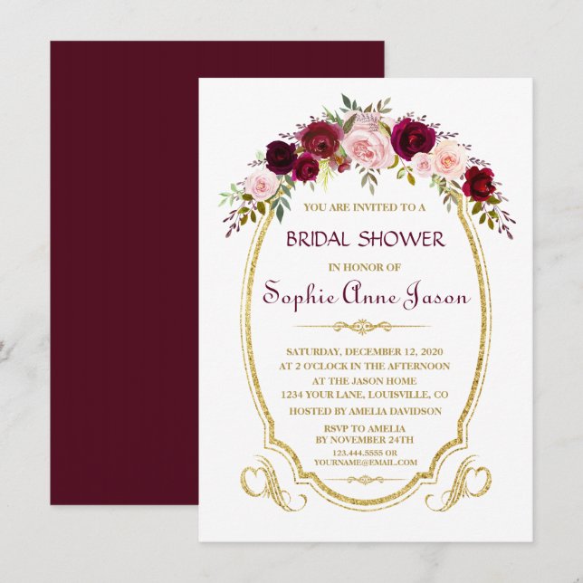 Elegant Burgundy Marsala Floral Fall Bridal Shower Invitation (Front/Back)