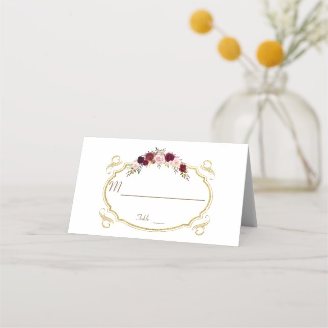 Elegant Burgundy Marsala Floral Fall Table Number Place Card (Front)
