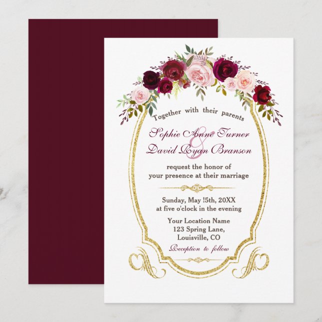 Elegant Burgundy Marsala Floral Fall Wedding Invitation (Front/Back)
